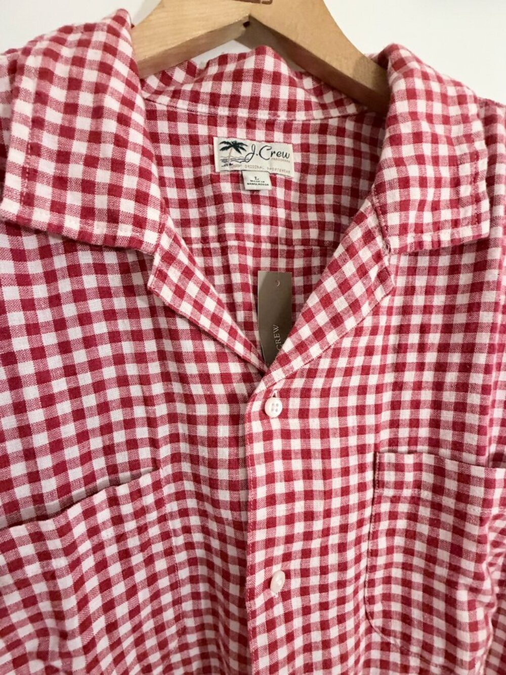 Buy this red gingham J.Crew camp shirt for your warm Caribbean trip